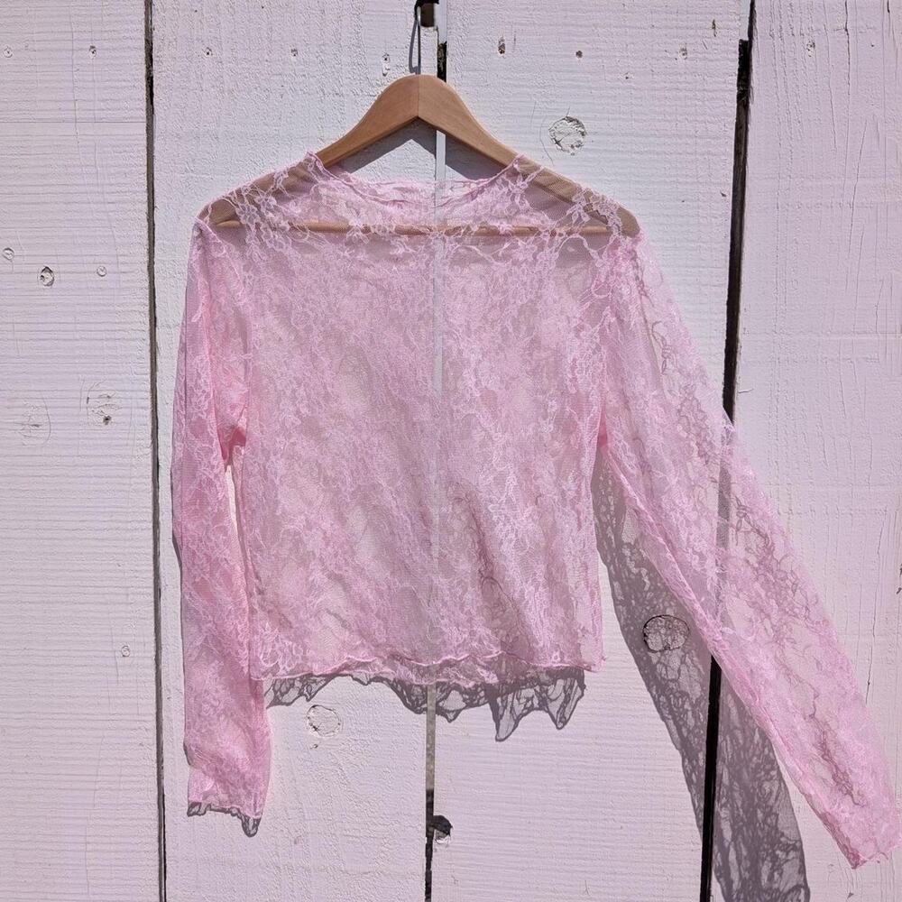 Pink Sheer Floral Lace Long Sleeve Blouse Lettuce Hem Size XL
